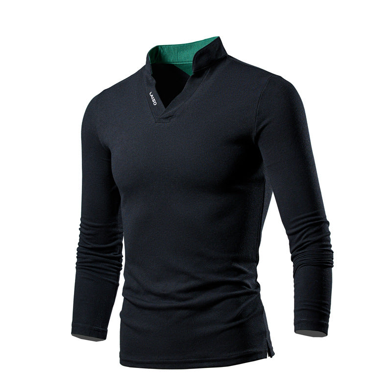 Men's Slim-Fit Long Sleeve Shirt with Stand Collar, Open V-Neck and Functional Stretch Material Mune Fashion