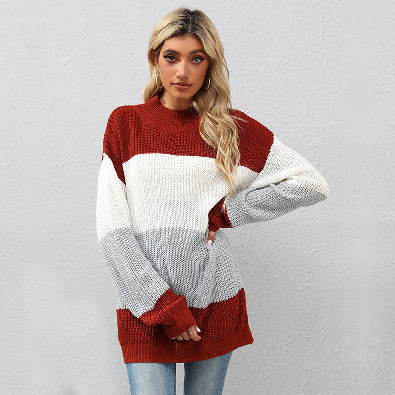 Ladies knit sweater with block stripes and stand-up collar Mune Fashion