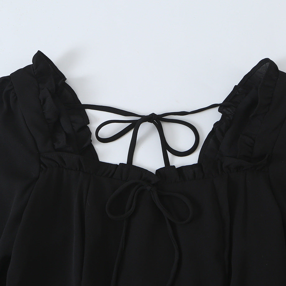 Women's A-line mini dress with ruffled square neckline, tailored silhouette, and tie straps Mune Fashion
