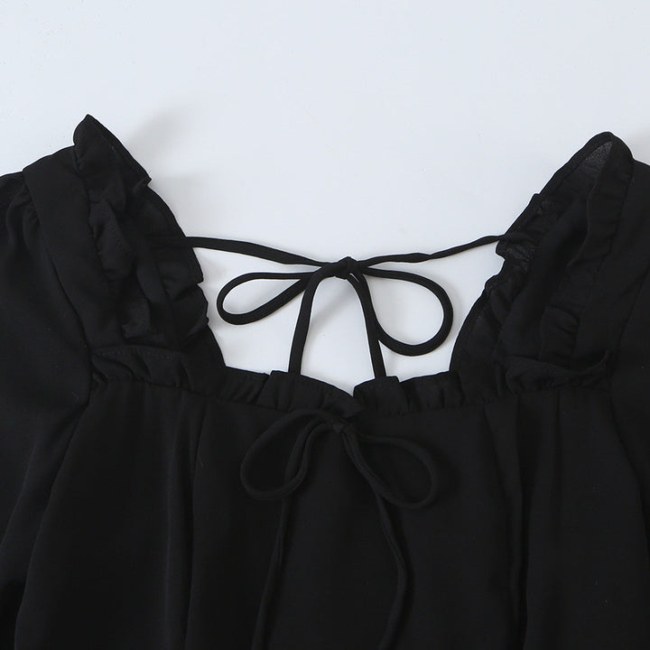 Women's A-line mini dress with ruffled square neckline, tailored silhouette, and tie straps Mune Fashion