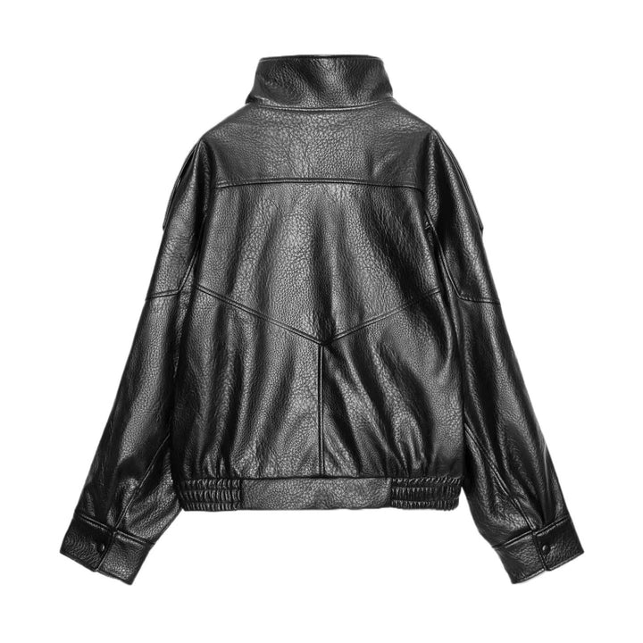 Ladies leather jacket with high stand-up collar and asymmetrical snap button placket Mune Fashion