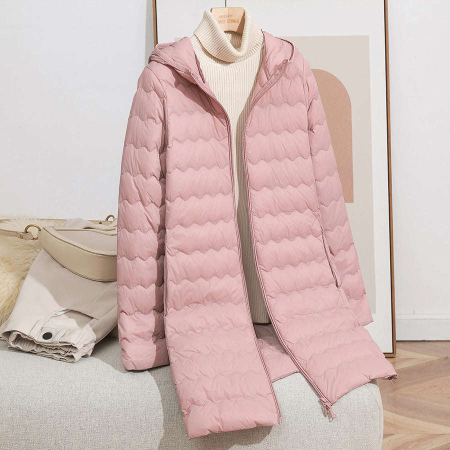 Women's Light Quilted Coat with Hood and Wavy Quilting Mune Fashion