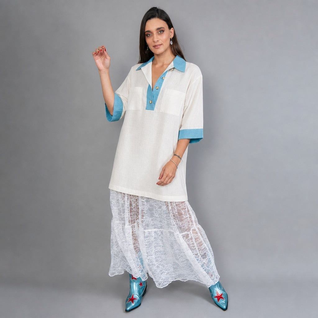 Women's oversized polo tunic with contrast collar and patch breast pockets Mune Fashion