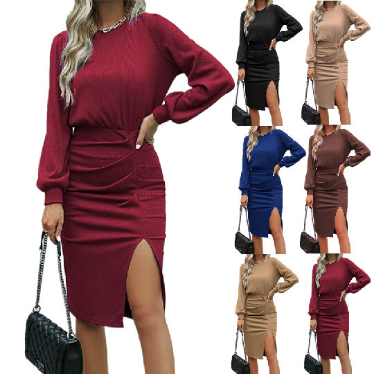 Women's midi dress with fitted wrap effect, long sleeves and high slit Mune Fashion