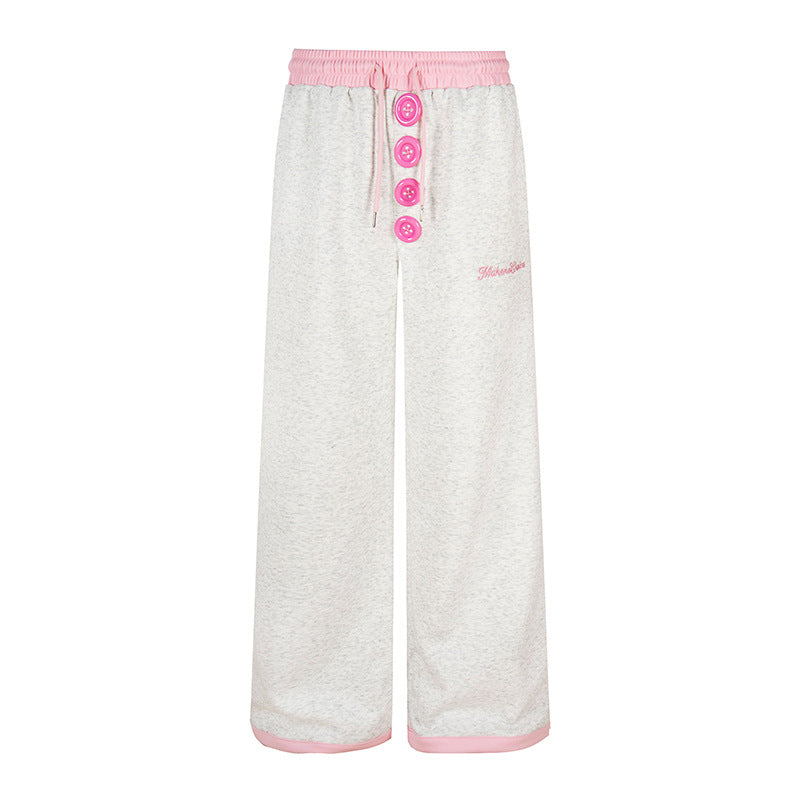 Women Wide Lounge Pants with Decorative Button Placket, High Waist and Drawstring Mune Fashion