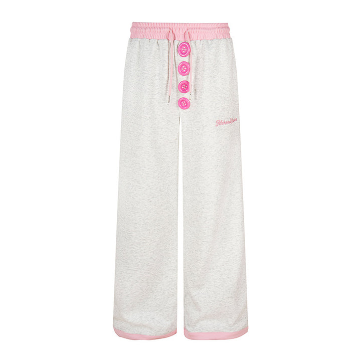 Women Wide Lounge Pants with Decorative Button Placket, High Waist and Drawstring Mune Fashion