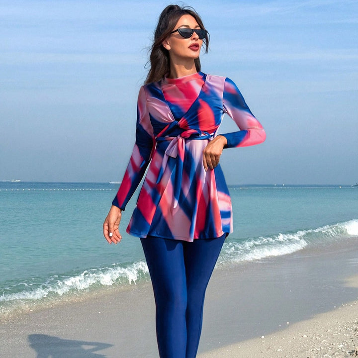 Women's fashionable beach suit with long sleeves and feminine wrap detail Mune Fashion