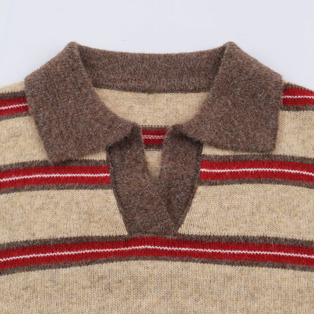 Women Striped Oversize Sweater with Polo Collar and V-Neck Mune Fashion
