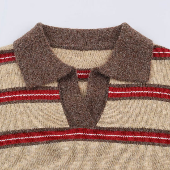 Women Striped Oversize Sweater with Polo Collar and V-Neck Mune Fashion