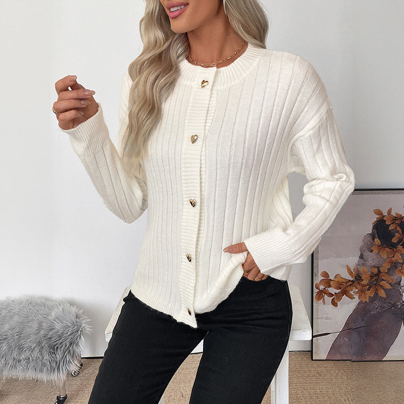 Women Ribbed Knit Cardigan with Heart Button Placket Mune Fashion