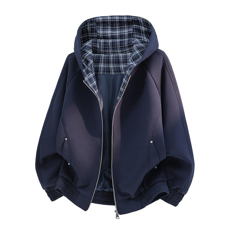 Women's casual sweat bomber with quilted check lining in hood and elastic hem Mune Fashion