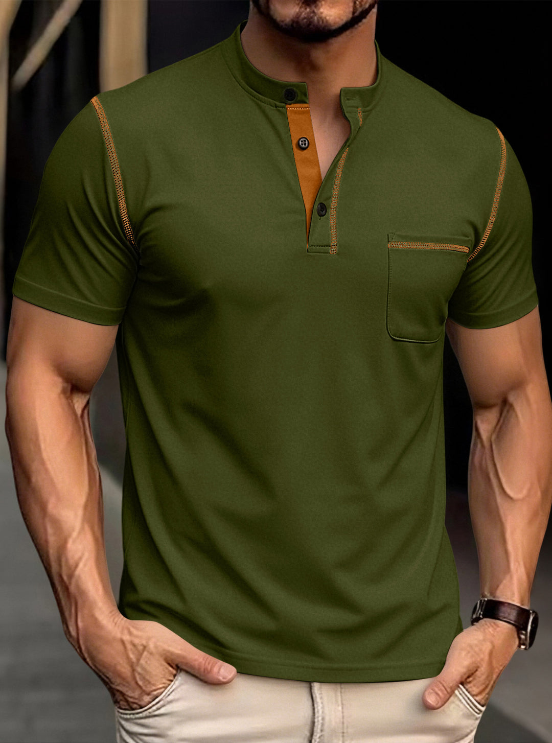 Men's modern short-sleeve Henley with stand collar, contrast stitching, and patch chest pocket Mune Fashion