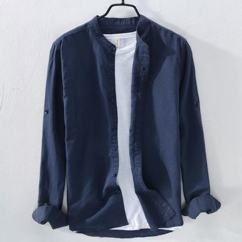 Men's lightweight linen shirt with stand collar and full button placket Mune Fashion