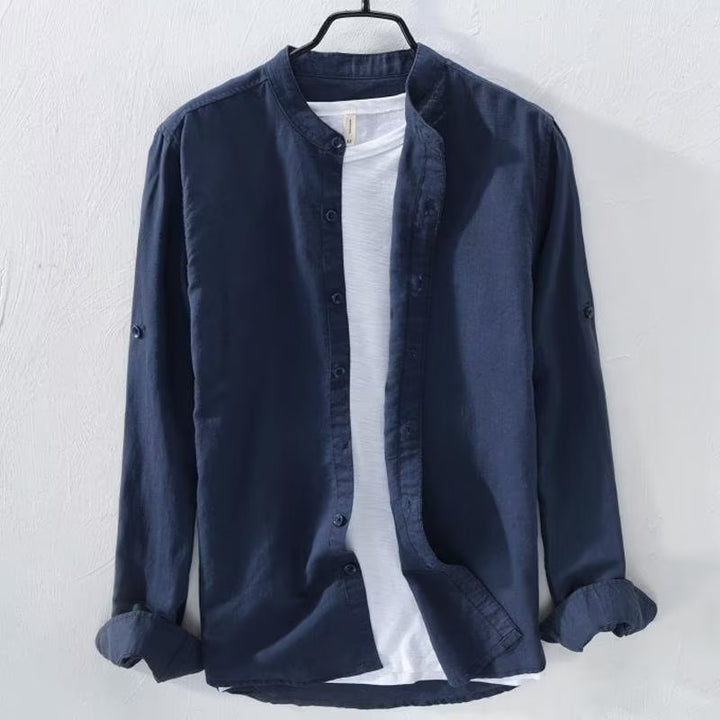 Men's lightweight linen shirt with stand collar and full button placket Mune Fashion