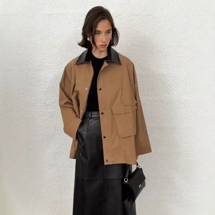 Women Oversize utilitarian Jacket with large flap pockets and contrast collar Mune Fashion