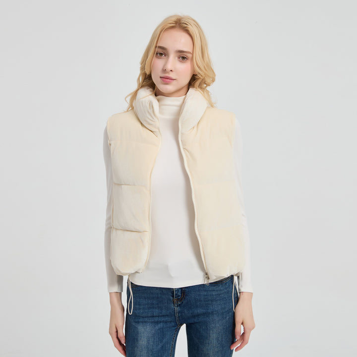 Women's quilted velvet insulation vest with high stand-up collar and adjustable drawstring hem Mune Fashion
