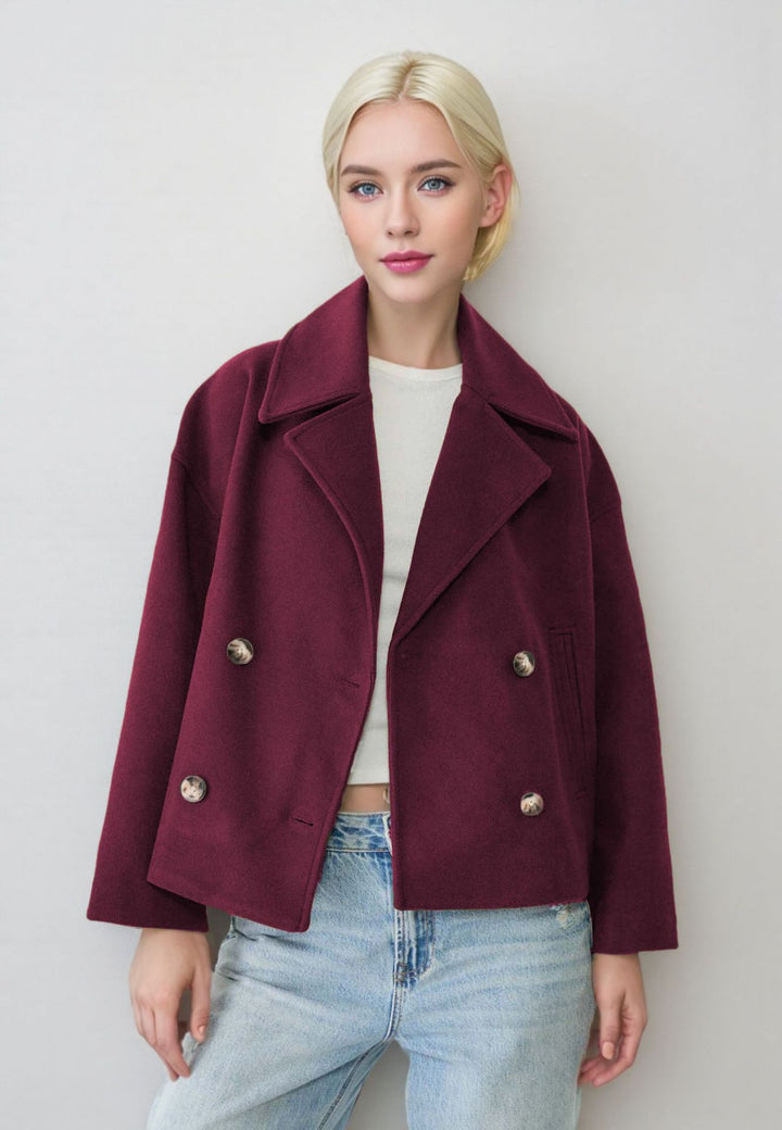 Women's Short Double-Breasted Wool Blend Coat with Oversized Lapels Mune Fashion