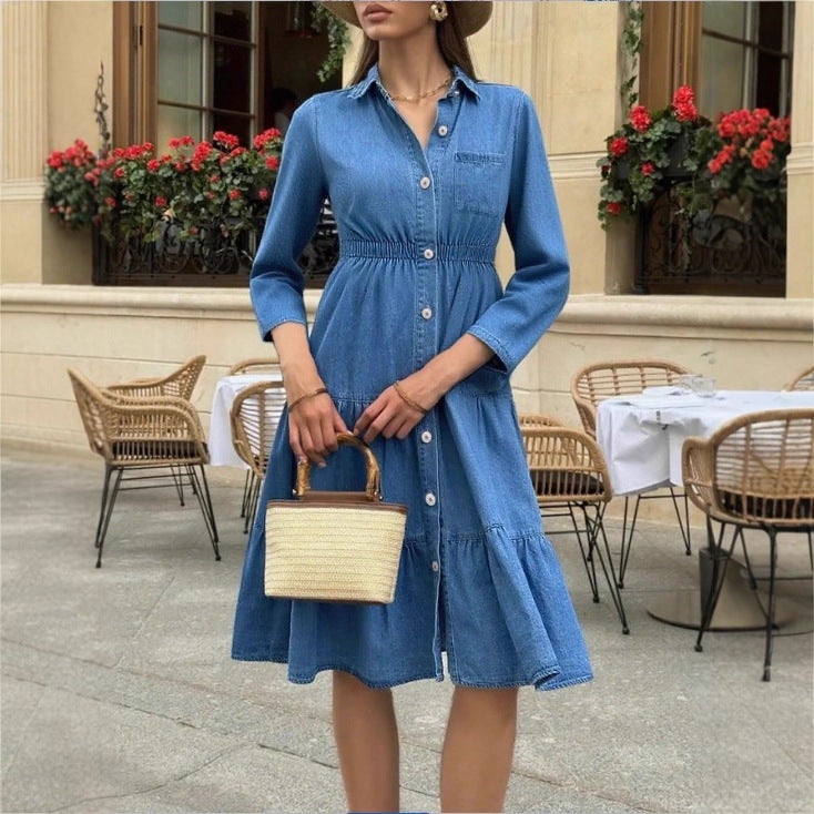 Women's button-down shirt dress made of denim with a waist-defining elastic band, button placket & tiered skirt Mune Fashion