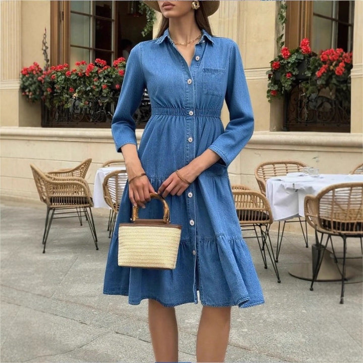 Women's button-down shirt dress made of denim with a waist-defining elastic band, button placket & tiered skirt Mune Fashion