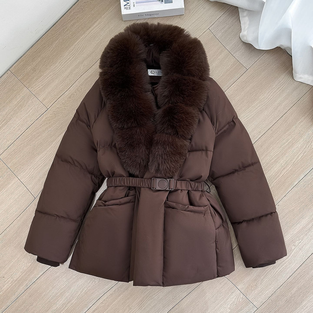 Women Tailored Short Quilted Jacket with voluminous Shawl Collar made of Faux Fur and Decorative Belt Mune Fashion