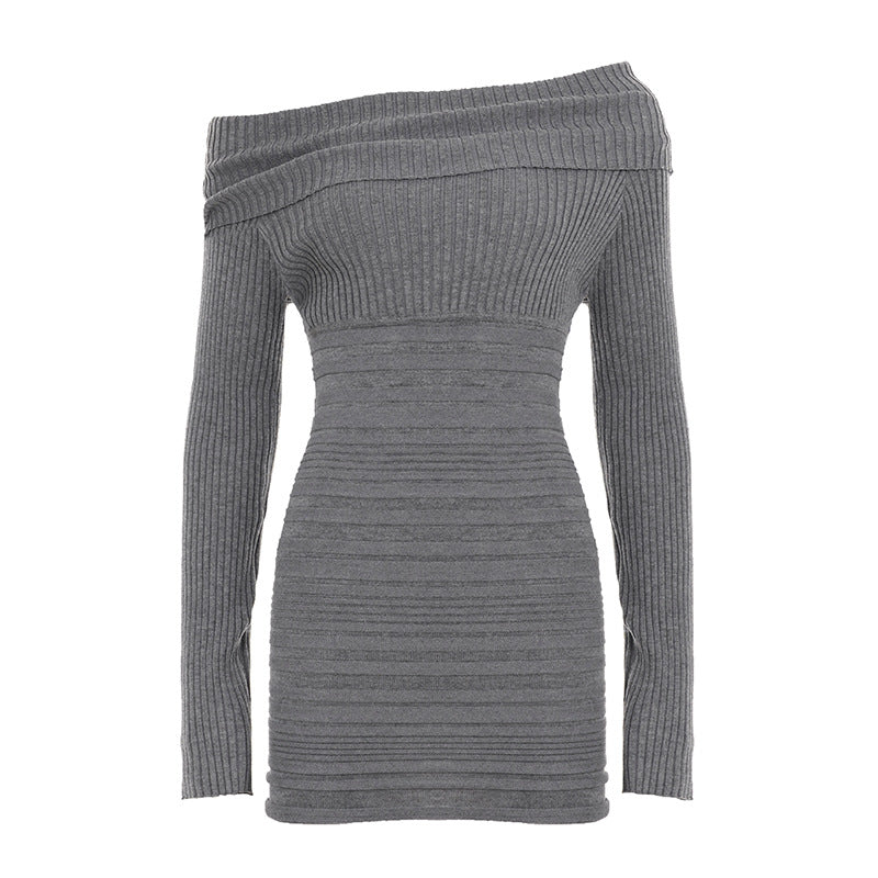 Women's off-shoulder bodycon rib knit dress with wrap collar, vertical gathering and long sleeves Mune Fashion