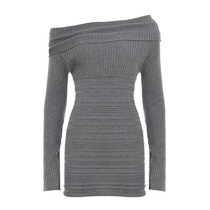 Women's off-shoulder bodycon rib knit dress with wrap collar, vertical gathering and long sleeves Mune Fashion