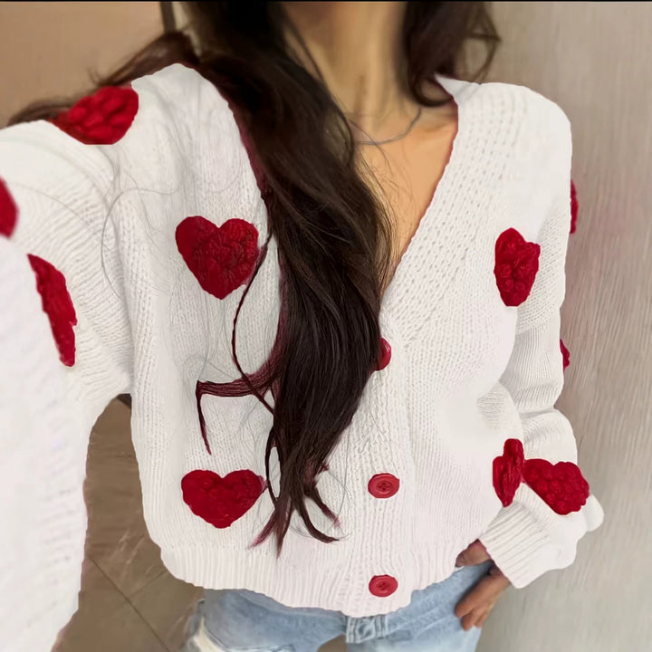 Women's Short-Cut V-Neck Cardigan with Embossed Heart Appliqués and Decorative Buttons Mune Fashion