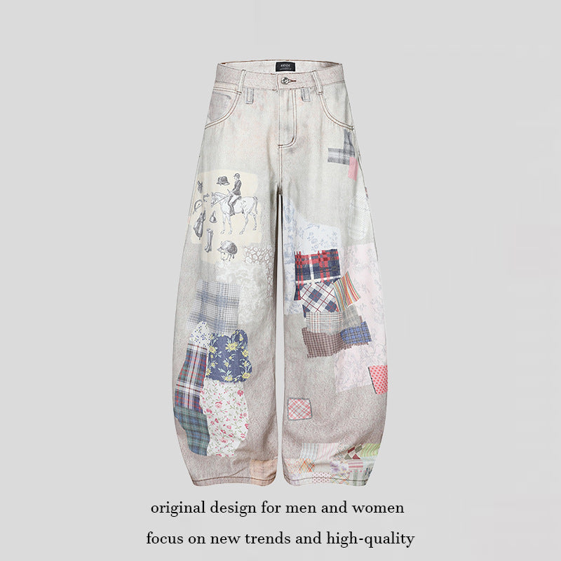 Women's Wide High-Waist Culotte Jeans with Patchwork Print and Balloon Silhouette Mune Fashion