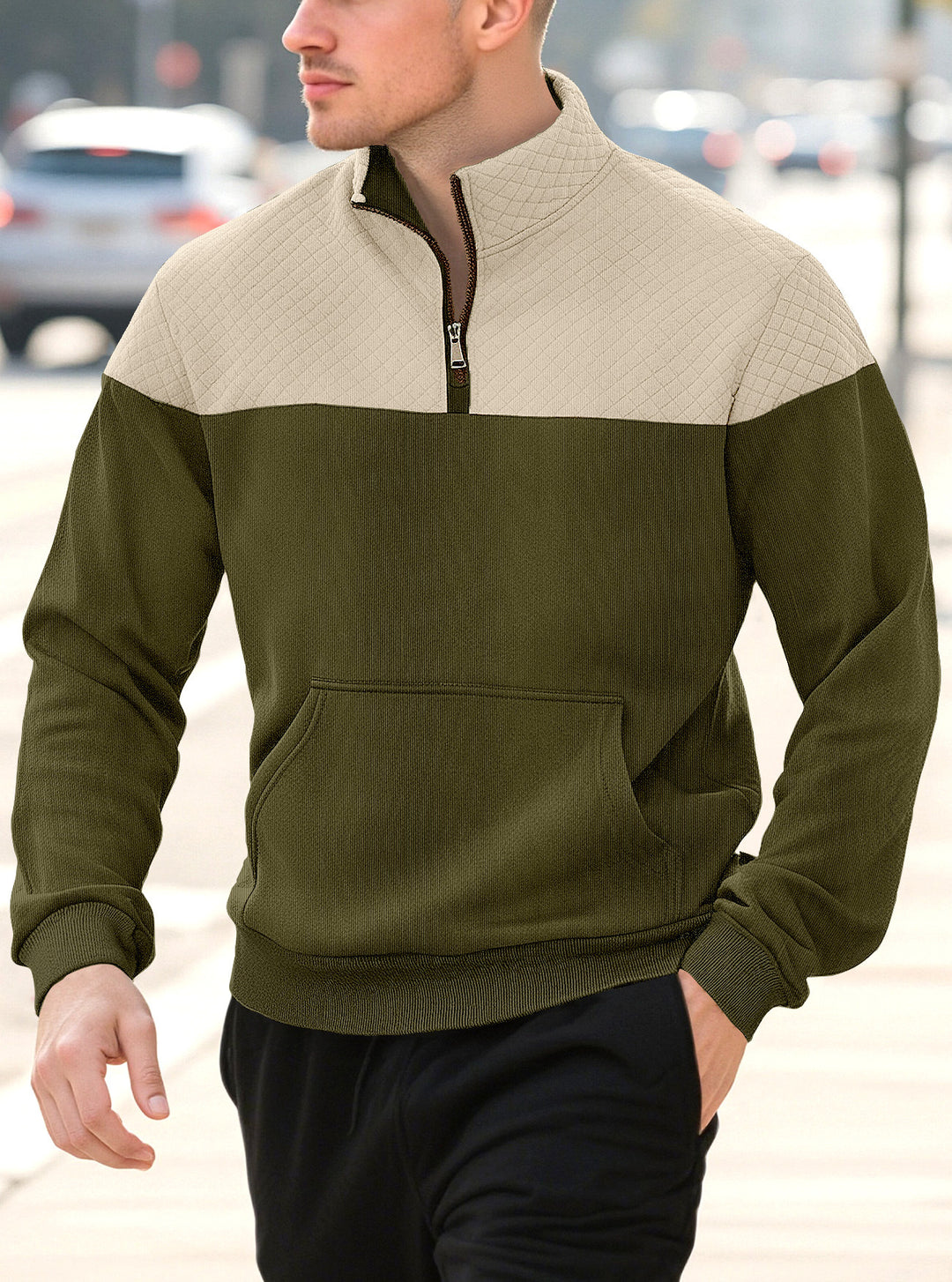 Men's half-zip sweatshirt with quilted shoulder area, kangaroo pocket, and ribbed cuffs Mune Fashion
