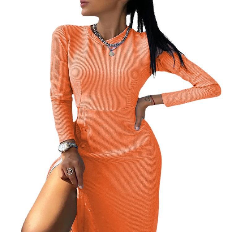 Women's Ribbed A-Line Dress with Round Neckline, Long Sleeves and Side Button Placket Mune Fashion