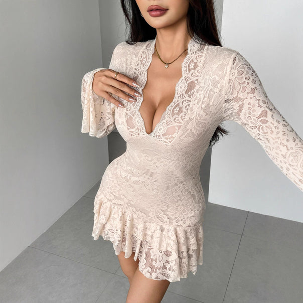 Women nan tailored lace mini dress with deep V-neck, trumpet sleeves and tiered ruffle Mune Fashion