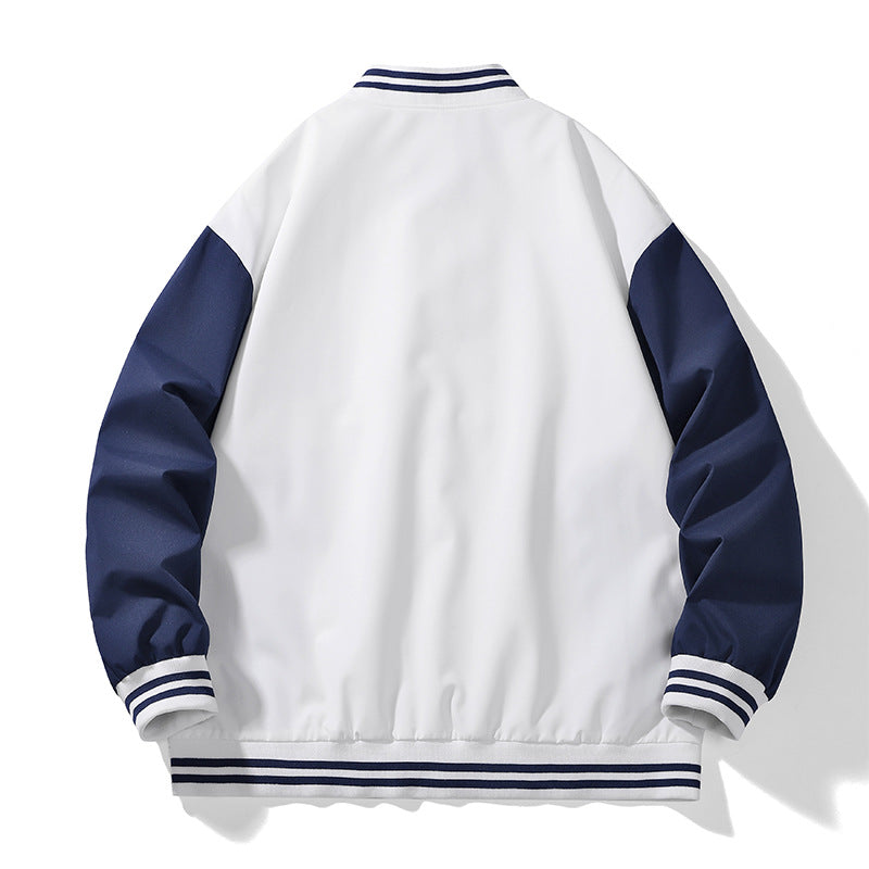 Unisex College varsity bomber jacket with contrast sleeves, striped ribbed cuffs and snap button closure Mune Fashion
