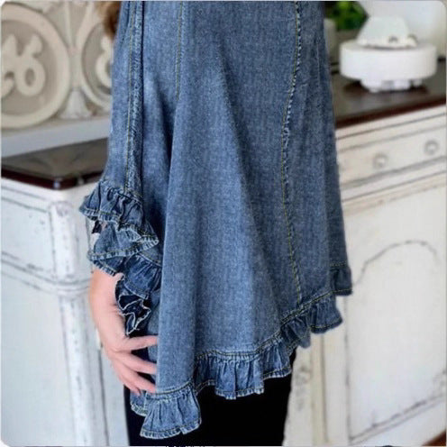 Women Oversized Jeans Kimono with Ruffle Edge and Open Fall Mune Fashion