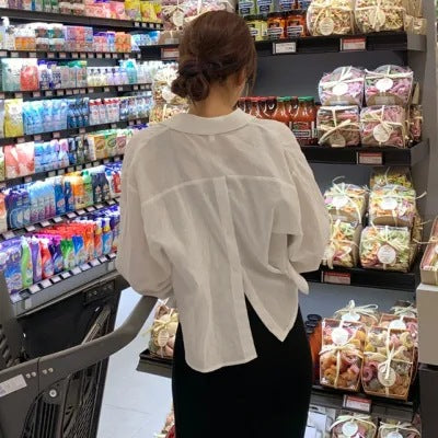 Women's Cropped Oversized Shirt Blouse in Linen Look with Back Slit and Decorative Button Placket Mune Fashion