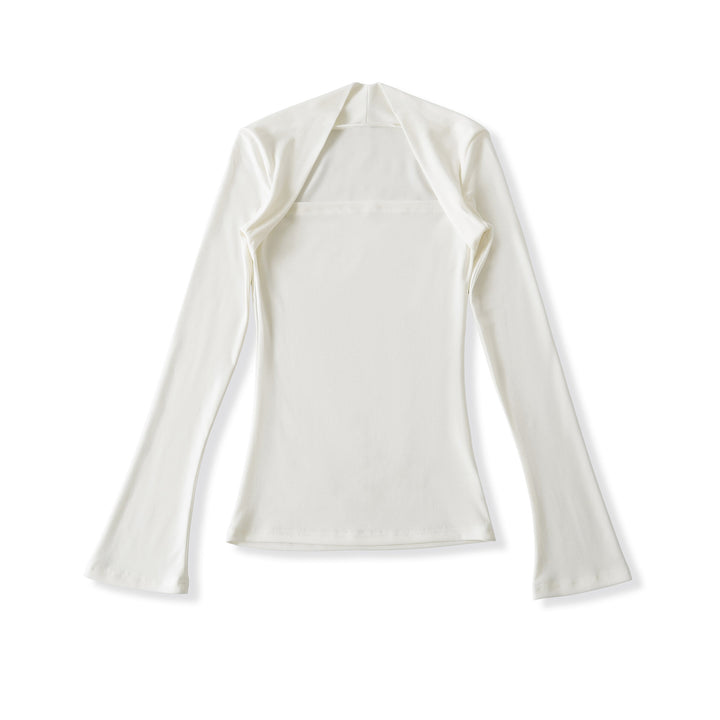 Women's fitted long-sleeve top with wide shawl collar and trumpet sleeves Mune Fashion