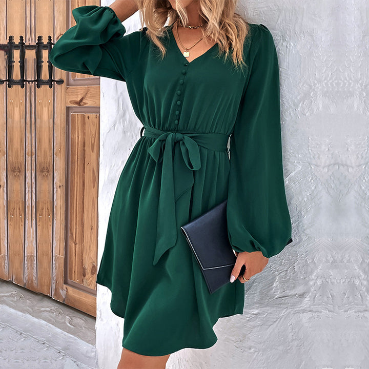 Women's V-neck dress with tie belt, button placket & balloon sleeves Mune Fashion