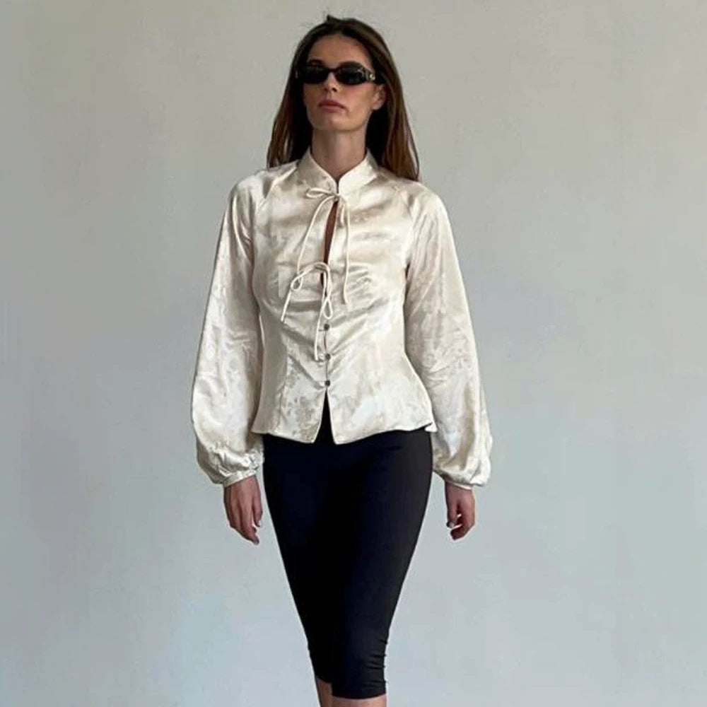 Women Jacquard Satin Blouse with Stand-up Collar, Ties and Fitted Peplum Mune Fashion