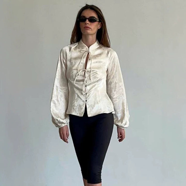Women Jacquard Satin Blouse with Stand-up Collar, Ties and Fitted Peplum Mune Fashion