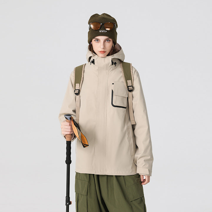 Men's waterproof utility outdoor jacket with concealed front, hood, and functional chest pocket Drune