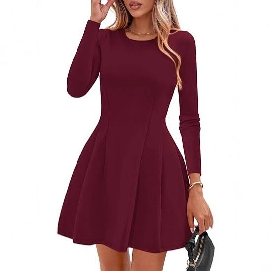 Women's Long-Sleeve A-Line Skater Dress with Figure-Flattering Seams Drune