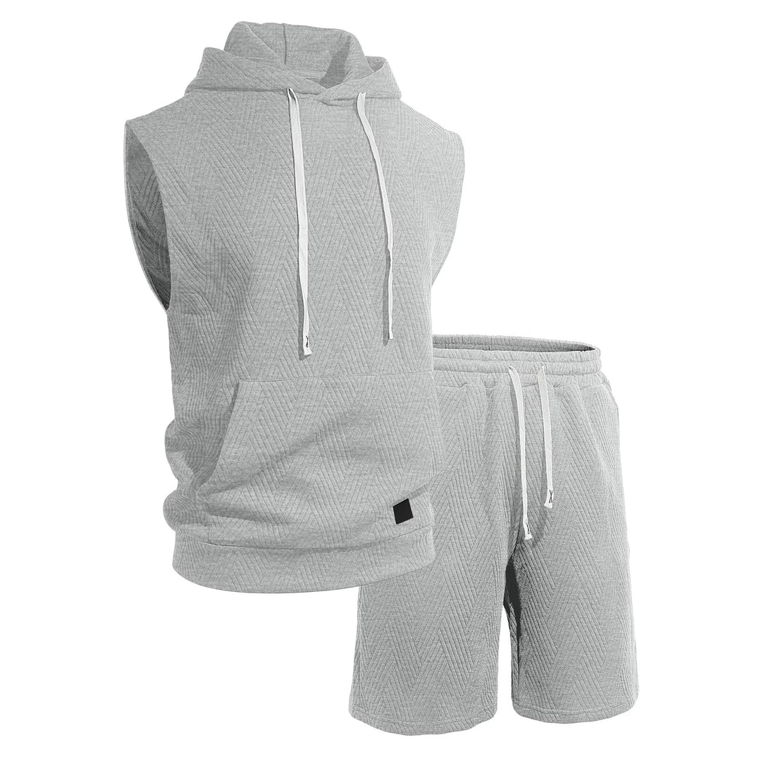 Men's sleeveless hoodie lounge set made of textured cotton blend with kangaroo pocket and elastic leisure pants Mune Fashion
