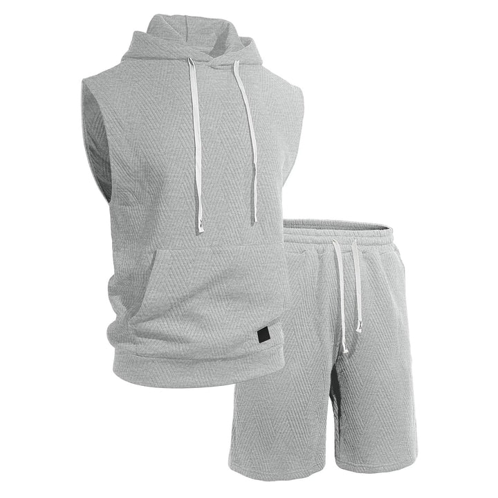 Men's sleeveless hoodie lounge set made of textured cotton blend with kangaroo pocket and elastic leisure pants Mune Fashion