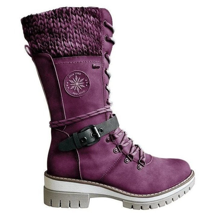 Women's knee-high lace-up boots with knit cuffs, sturdy tread sole, and side zipper Mune Fashion