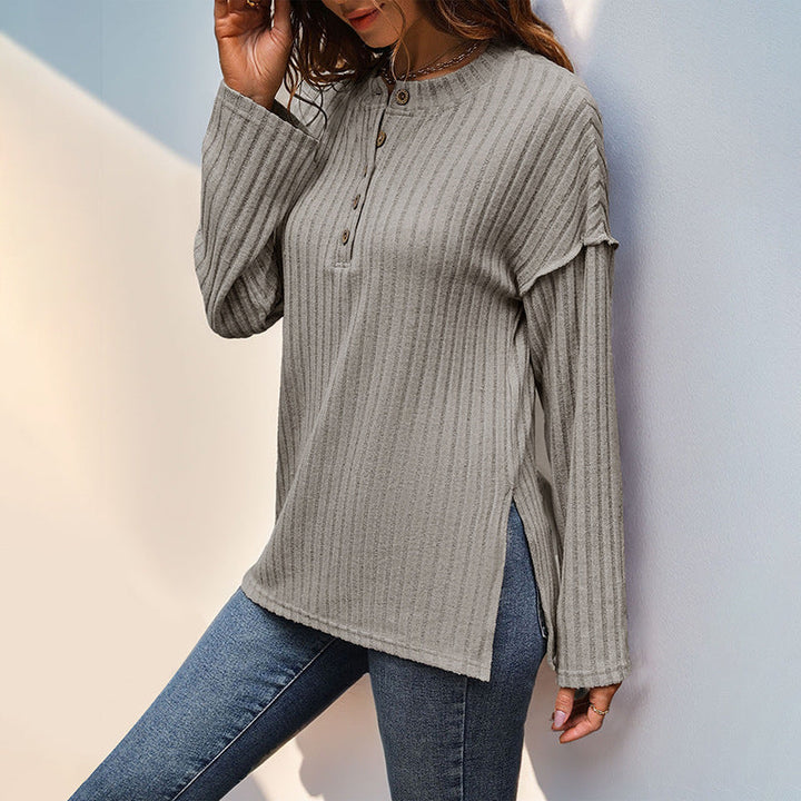 Women Ribbed Henley Sweater with Button Placket and Dropped Shoulder Mune Fashion