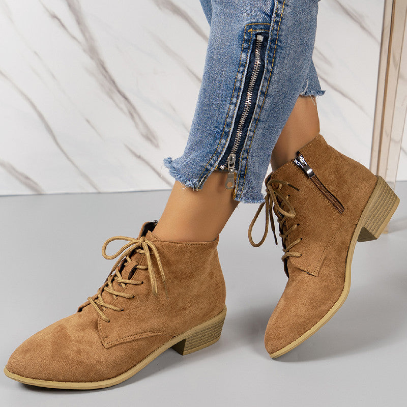 Ladies ankle-high lace-up ankle boots in suede look with side zipper and low block heel Mune Fashion