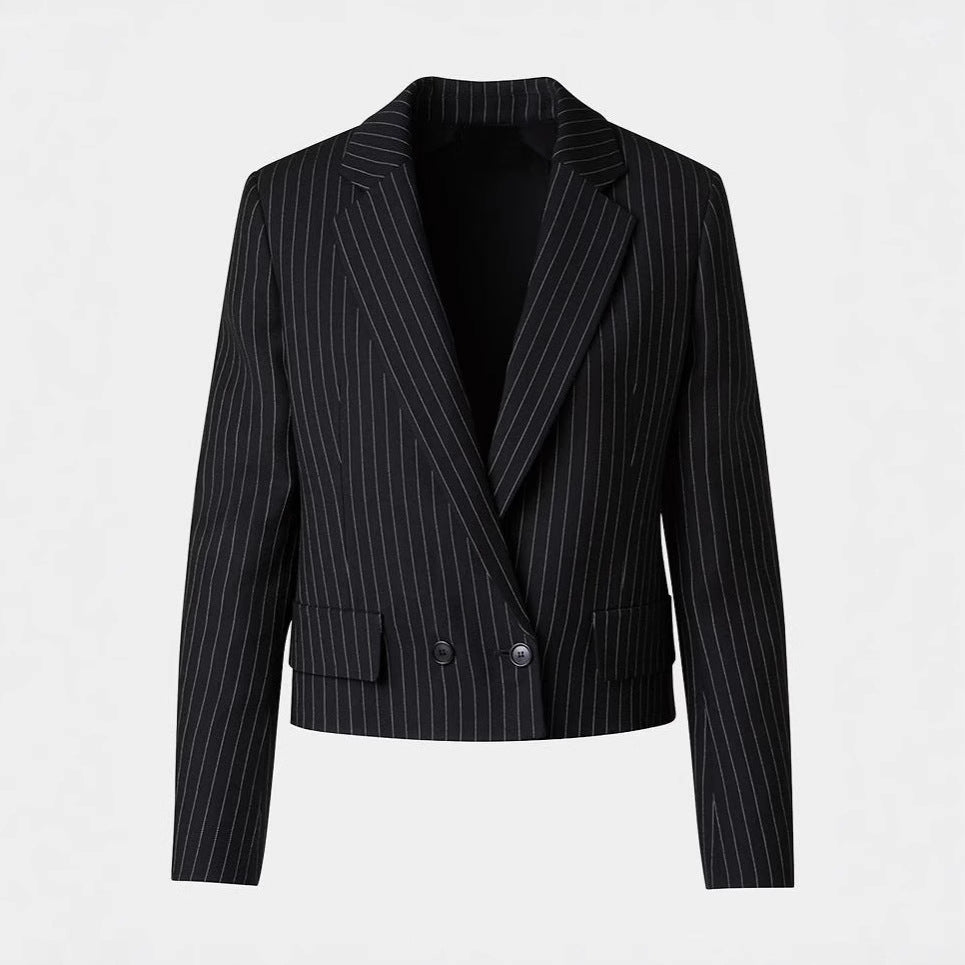 Women's Two-Piece Pinstripe Suit with Tailored Short Blazer and Wide Palazzo Pants Mune Fashion