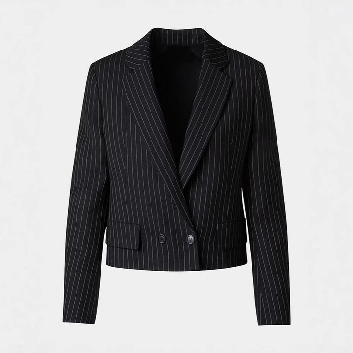 Women's Two-Piece Pinstripe Suit with Tailored Short Blazer and Wide Palazzo Pants Mune Fashion