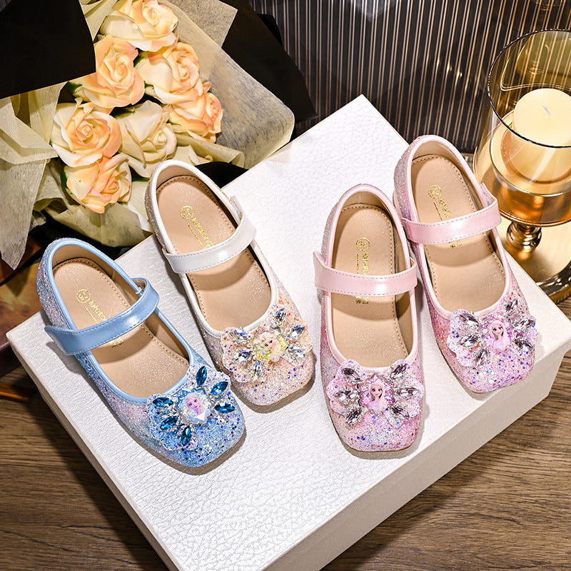 Girls Mary Jane Glitter Ballet Flats with Flower Decoration Mune Fashion