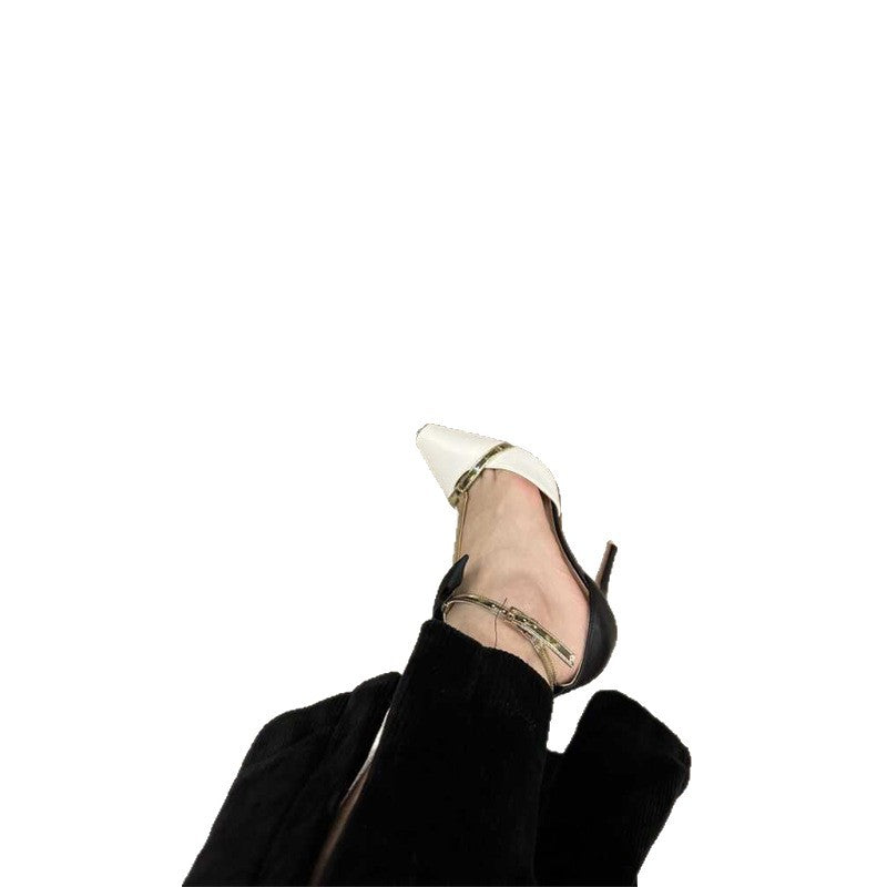 Ladies Elegant Pointed Toe Pumps with Fine Jewel Chain T-Strap Mune Fashion