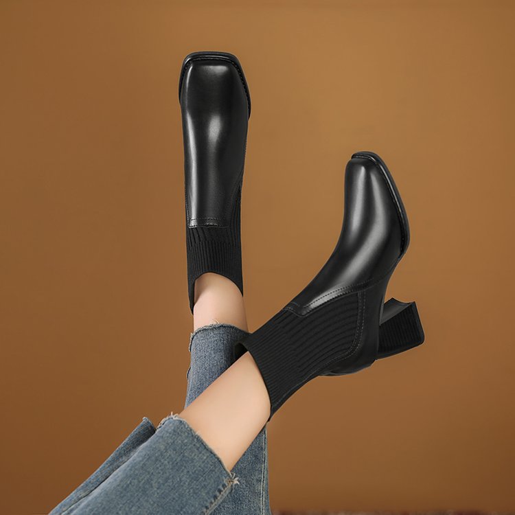 Women Elegant Chunky Ankle Boots with Knit Insert Mune Fashion